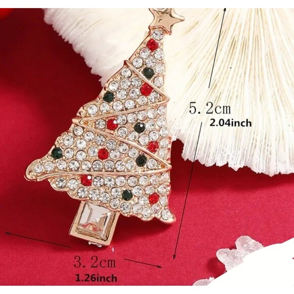Christmas Tree Brooch Pin Gold Tone Rhinestone Holiday Xmas Jewelry - Picture 2 of 3